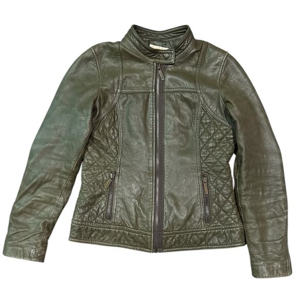 Michael Kors Green Leather Biker Moto Jacket quilted pattern size Small - Picture 2 of 16